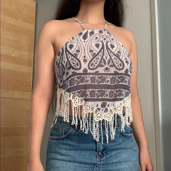 Paisley Crochet Halter Handkerchief Boho Crop Top - Picture 8 of 9